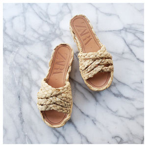 Zara Natural Raffia Platform Wedge Sandals Size 5